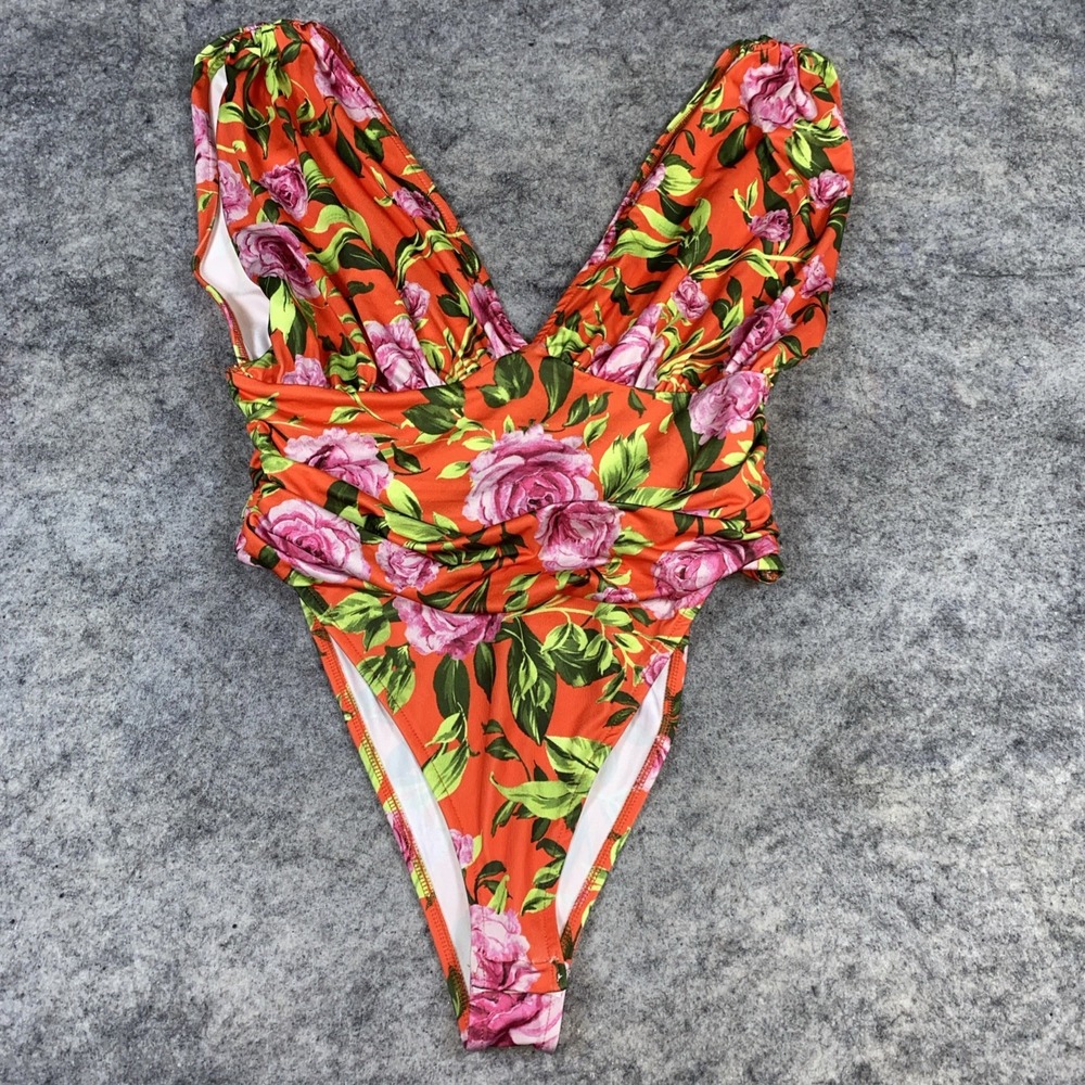 NWT ZARA Floral One Piece Large Bathing Swimsuit Plunging V Neck Snap Closing